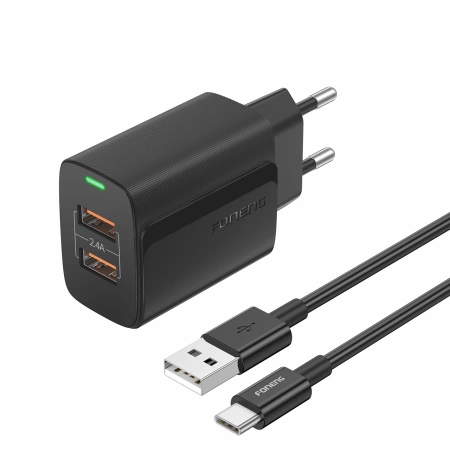 FONENG Netz-Ladegerät EU63 2.4A 12W 2xUSB + Kabel USB-C schwarz