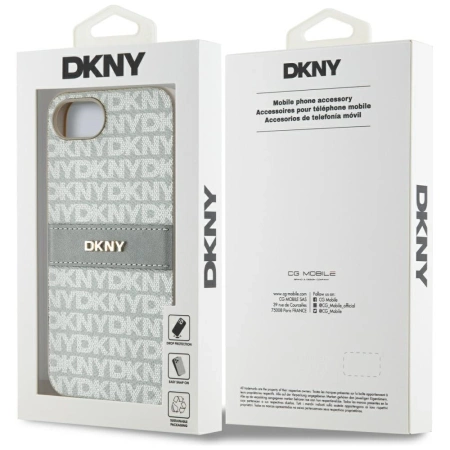 DKNY iPhone 16e Hülle mit wiederholtem Texturmuster und farblich abgestimmten Streifen – Beige