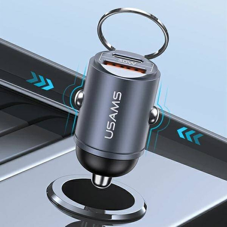 Ładowarka Samochodowa 30W PD USB-C + USB Fas Charge Z Wbudowaym Pierścieniem USAMS C38 CC206CC01 (US-CC206) stalowa