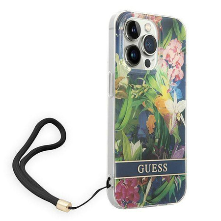 Oryginalne Etui IPHONE 14 PRO MAX Guess Hardcase Flower Strap (GUOHCP14XHFLSB) niebieskie