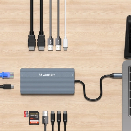 Hub USB-C 14 w 1 Wozinsky WDS03Y5S wielofunkcyjny, aluminiowy, do 3 monitorów, z kablem 15 cm  - szary