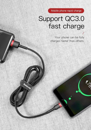 Nylonowy kabel przewód USB TYP C 3A 0.5M Szybkie Ładowanie Quick Charge 3.0 czerwono-czarny Baseus CATKLF-A91