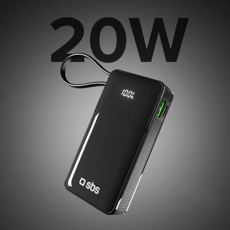 Powerbank SBS 10000 mAh 20W z wbudowanym kablem USB-C i wyświetlaczem cyfrowym - czarny