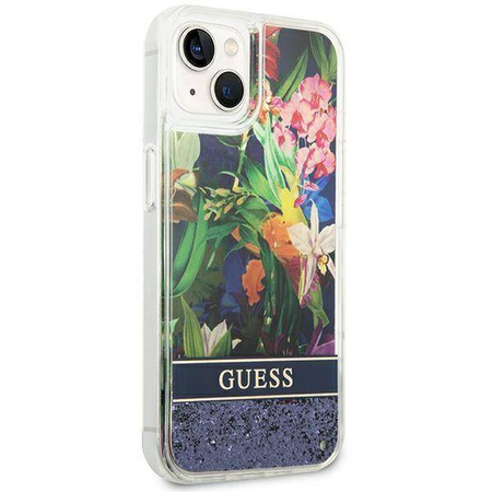 Schutzhülle IPHONE 14 Guess Hardcase Flower Liquid Glitter blau