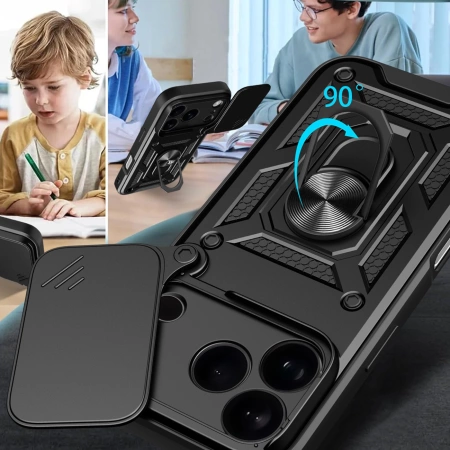 Etui Hybrid Armor Camshield na iPhone 17 Pro pancerne z podstawką i osłoną aparatu - czarne