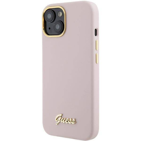Guess Silikon Script Metal Logo & Frame Hülle für iPhone 15 – Rosa