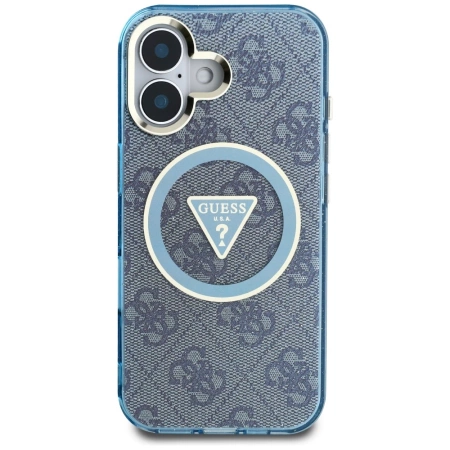 Guess IML Metal Glitter 4G Circle Triangle MagSafe Case für iPhone 16 - Blau