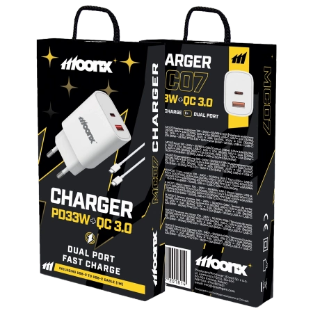 MOONX ładowarka sieciowa MC07 PD 33W 1xUSB-C + 1xUSB QC3.0 + kabel USB-C - USB-C Biały