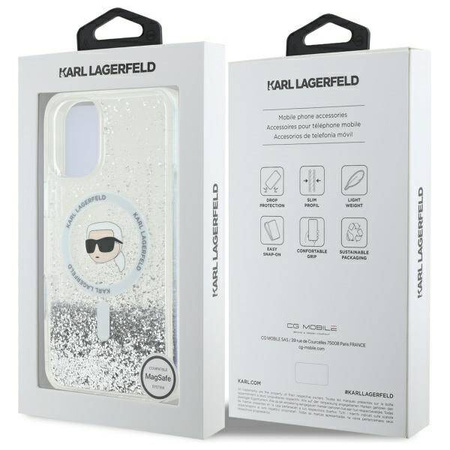 Original Handyhülle IPHONE 16 PLUS Karl Lagerfeld Hardcase Liquid Glitter Karl Head MagSafe (KLHMP16MLGKISGH) transparent