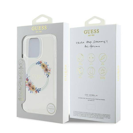 Original Handyhülle IPHONE 16 PRO Guess Hardcase IML Flowers Wreath MagSafe (GUHMP16LHFWFCT) transparent