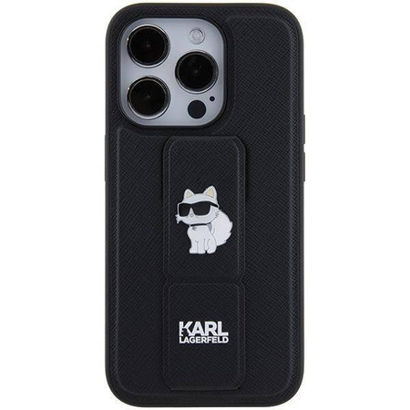 Karl Lagerfeld Gripstand Saffiano Choupette Pins Hülle für iPhone 15 Pro Max – Schwarz