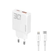 Dudao A30EUL GaN-Wandladegerät 30 W USB-A / USB-C + USB-C – Lightning Kabel – Weiß