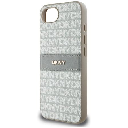 DKNY iPhone 16e Hülle mit wiederholtem Texturmuster und farblich abgestimmten Streifen – Beige