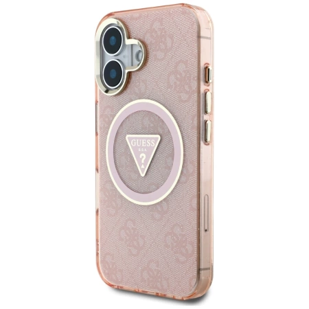 Etui Guess IML Metal Glitter 4G Circle Triangle MagSafe na iPhone 16 - różowe