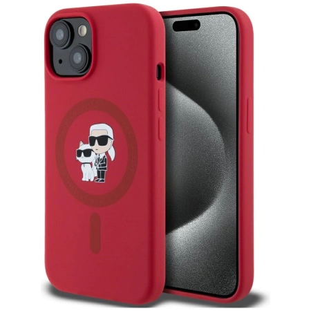 Karl Lagerfeld Silikon Karl&Choupette Heads Ring MagSafe iPhone 15 Hülle - Rot