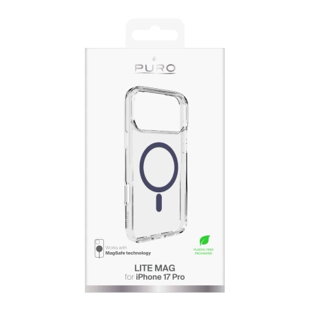 Etui Puro Lite Mag TPU+PC kompatybilne z MagSafe na iPhone 17 Pro - przezroczyste z niebieskim pierścieniem
