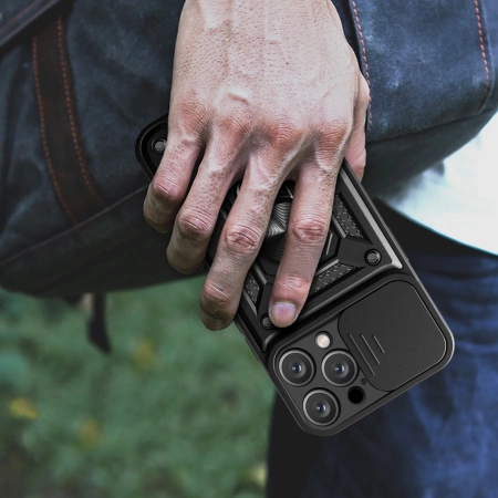 Hybrid Armor Camshield iPhone 16 Pro gepanzerte Hülle mit Kameraabdeckung und Ständer – Schwarz