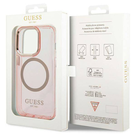 Original Case IPHONE 14 PRO MAX Guess Hard Case Gold Outline Translucent MagSafe (GUHMP14XHTCMP) pink