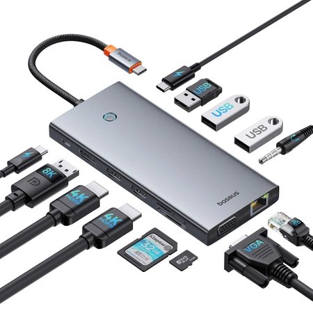 HUB Baseus PortalJoy Series 13in1 USB-C - 2x HDMI / DP / VGA / USB-A 3.1 / USB-C 3.1 / USB-A 2.0 / PD / RJ45 / SD / TF / AUX - gray