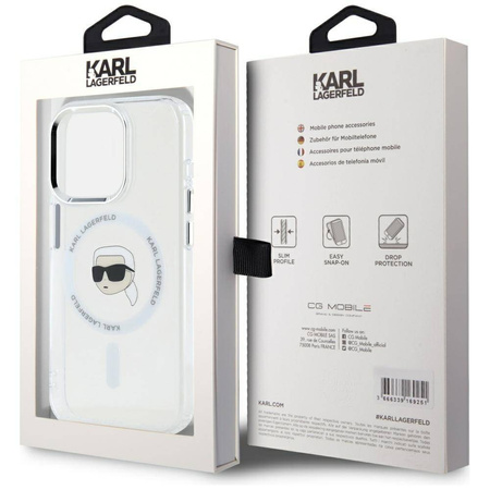 Original Case IPHONE 15 PRO Karl Lagerfeld Hardcase IML Metal Karl Head MagSafe white