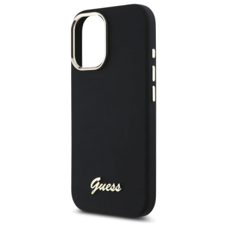 Guess Silikonhülle mit Metalllogo und Rahmen für iPhone 16 – Schwarz