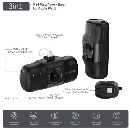 Wozinsky WF16-YCS 5000 mAh 15 W USB-C Mini-Powerbank mit integriertem USB-C-Kabel und Apple Watch Ladegerät – Schwarz