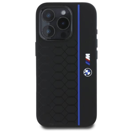 Original Handyhülle IPHONE 16 PRO BMW Hardcase Silicone Hexagon Blue Line MagSafe (BMHMP16L23SHEB) schwarz