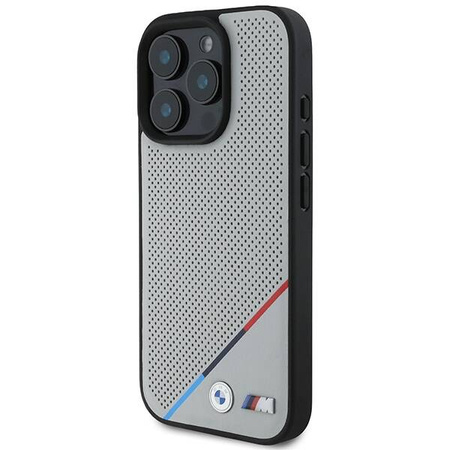 Original Handyhülle IPHONE 16 PRO BMW Hardcase M Perforated Tricolor Line MagSafe (BMHMP16L23PUPDG) grau