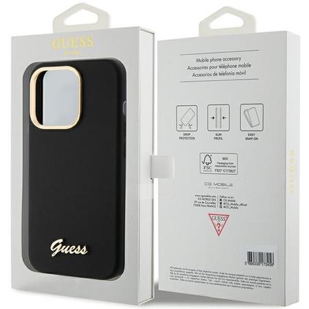 Guess Silikon Script Metal Logo &amp; Frame Hülle für iPhone 15 Pro Max – Schwarz