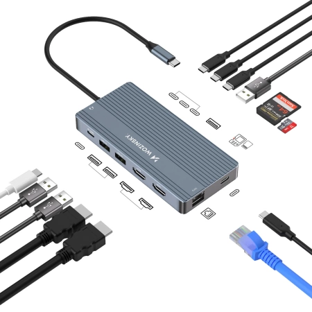 USB-C Hub 14 in 1 Wozinsky WDS03Y5S Multifunktional, Aluminium, für 3 Monitore, mit 15 cm Kabel - Grau