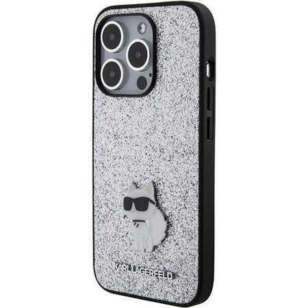 Etui Karl Lagerfeld Fixed Glitter Choupette Logo Metal Pin do iPhone 15 Pro Max - srebrne