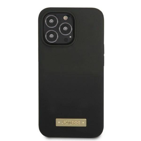 Original Handyhülle IPHONE 13 PRO MAX Guess Hard Case Silicone Logo Plate MagSafe (GUHMP13XSPLK) schwarz