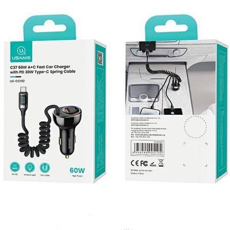 Ładowarka Samochodowa USAMS C37 1xUSB+1xUSB-C 60W + kabel USB-C 30W PD+QC Fast Charge czarny/black CC192CC01 (US-CC192)