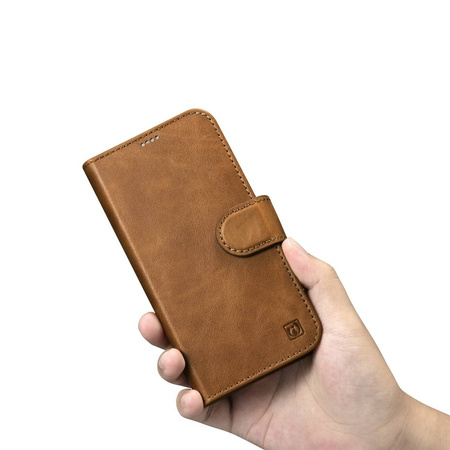iCarer Oil Wax Wallet Case 2in1 etui iPhone 14 skórzany pokrowiec z klapką Anti-RFID brązowy (WMI14220721-TN)