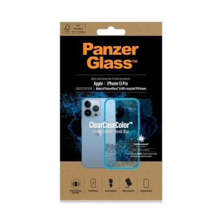 Etui PanzerGlass ClearCase antybakteryjne z certyfikatem Military Grade na iPhone 13 Pro - przezroczysto-niebieskie