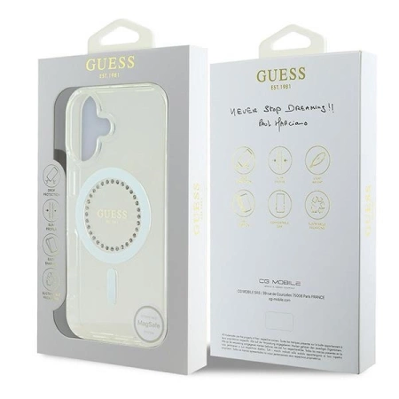 Guess IML Strassstein-MagSafe-Hülle für iPhone 16 Plus – Weiß