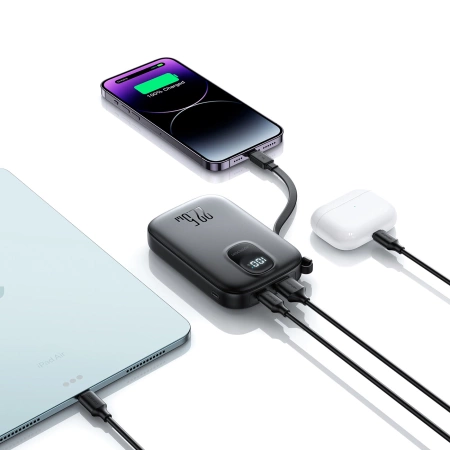 Powerbank Joyroom JR-PBF18 22.5W 10000mAh z wbudowanym kablem Lightning + kabel USB-C 0.25 cm  - czarny