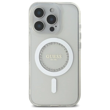 Guess IML Strassstein-MagSafe-Hülle für iPhone 16 Pro – Weiß