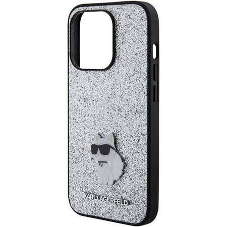 Karl Lagerfeld Feste Glitzer-Choupette-Logo-Metallpin-Hülle für iPhone 15 Pro Max – Silber