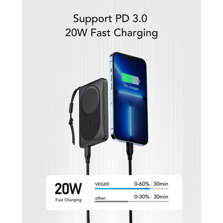 VEGER powerbank 10000 mAh z ładowaniem indukcyjnym kompatybilny z MagSafe PD QC3.0 2A 20W MagOn (VP1151 / W1151) czarny