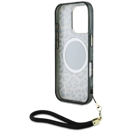 Oryginalne Etui IPHONE 16 PRO Guess HC IML Leopard Triangle Cord Strap brązowe