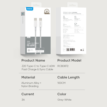 Rock Kabel Z20 - Typ C na Typ C - PD 60W 3A 1 metr biały
