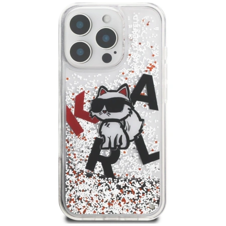 Karl Lagerfeld Liquid Glitter Choupette Logo Hülle für iPhone 16 Pro Max – Transparent