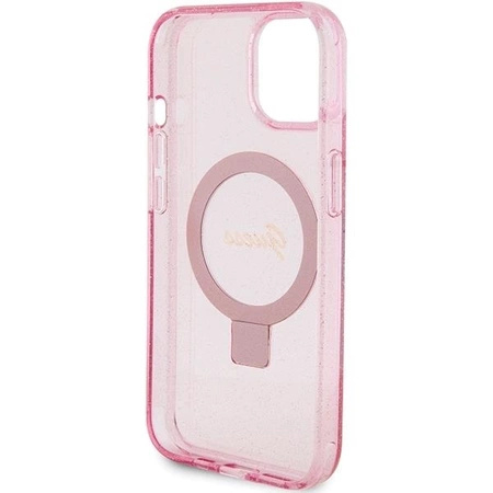 Guess Ring Stand Script Glitter MagSafe case for iPhone 15 - pink