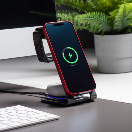 Ładowarka indukcyjna Forcell F-Energy 3w1 Simply Charge kompatybilna z Apple Watch i Samsung Watch szara