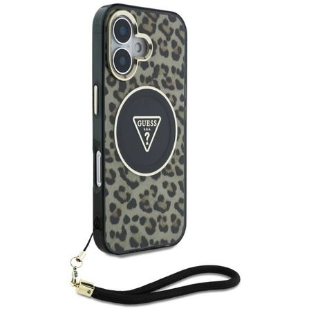 Original Handyhülle IPHONE 16 Guess HC IML Leopard Triangle Cord Strap braun