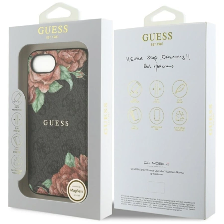 Guess 4G Flowers Print MagSafe Hülle für iPhone 16e - Schwarz