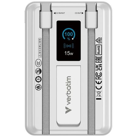 Powerbank Verbatim Charge n Go 10000mAh  z podstawką Magnetic Wireless wyświetlacz TFT 2xkabel USB-C srebrny 32273