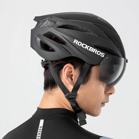 Kask rowerowy Rockbros z szybką, odpinane okulary z ochroną UV, unisex - czarny