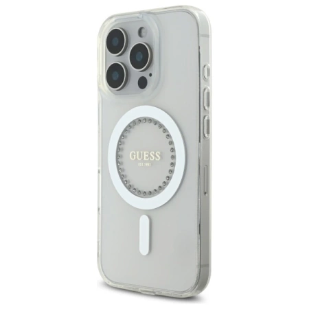 Guess IML Strassstein-MagSafe-Hülle für iPhone 16 Pro – Weiß